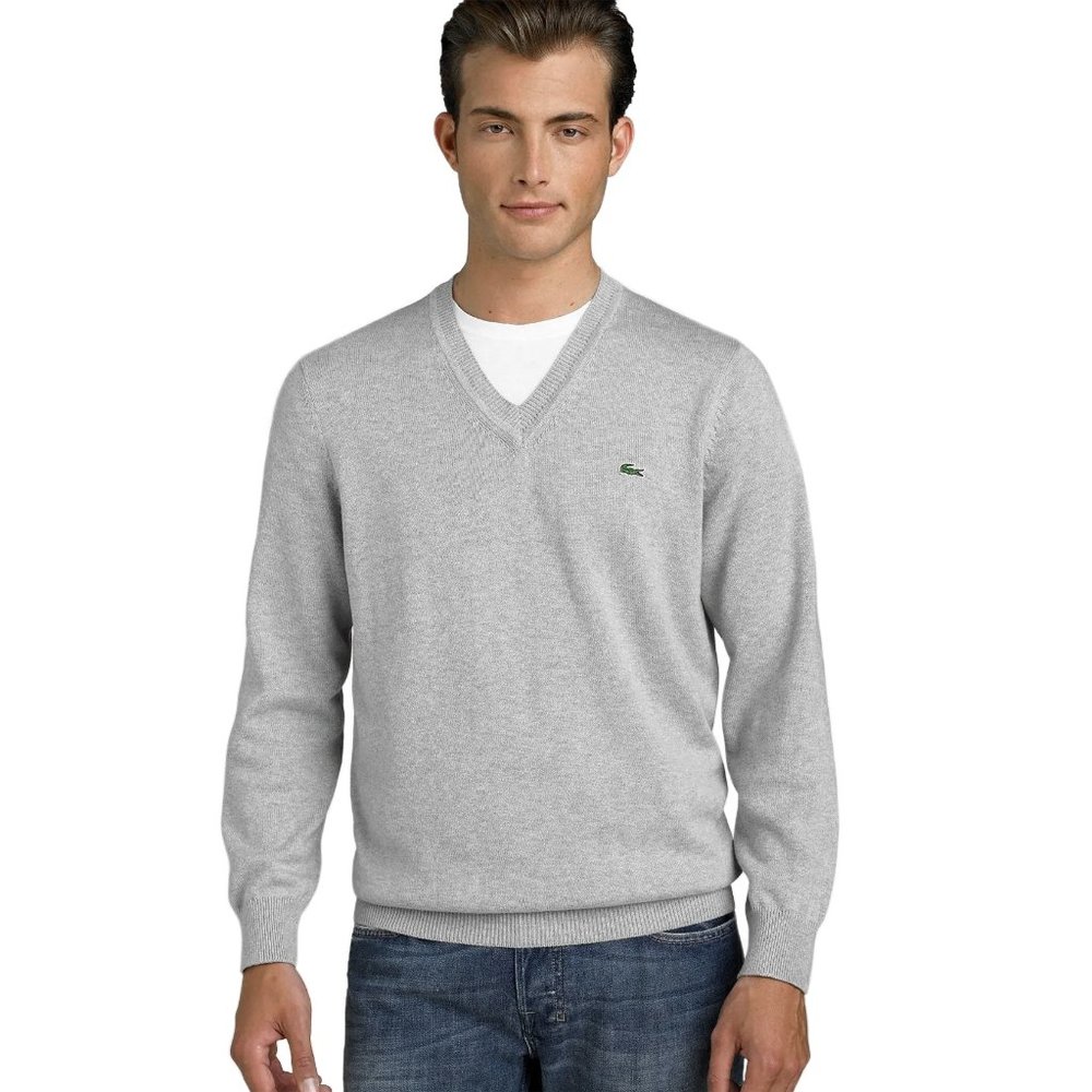 LACOSTE Heather Gray V Neck Pima Cotton Jersey Knit Sweater Large